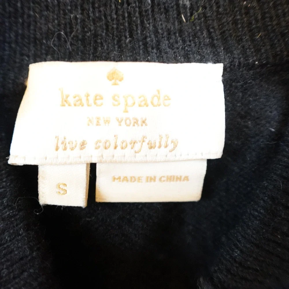 Kate Spade Sweater Women Small Black Ruffle Bib Pom Pom Wool Cashmere Blend Knit